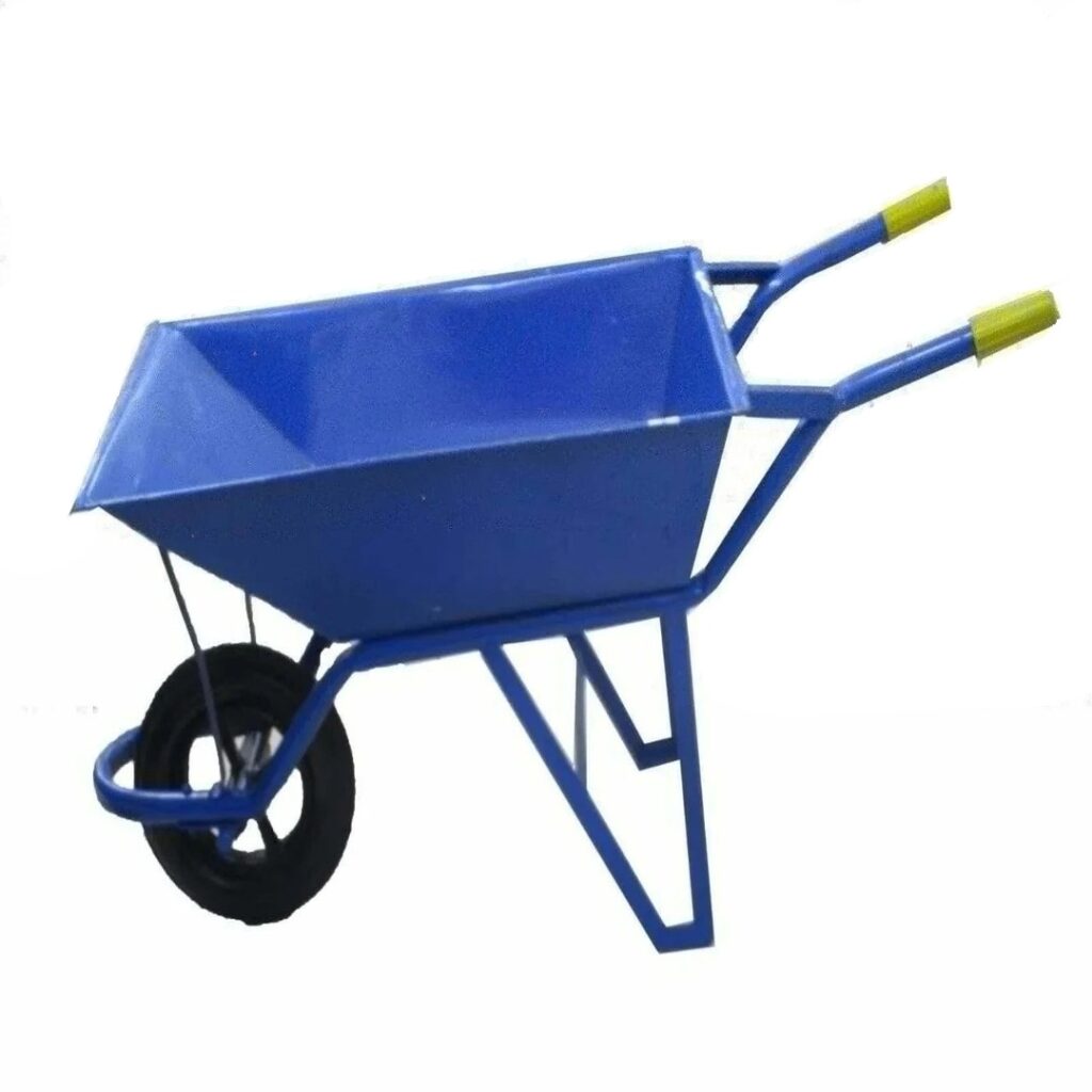 a blue wheelbarrow with yellow handles
